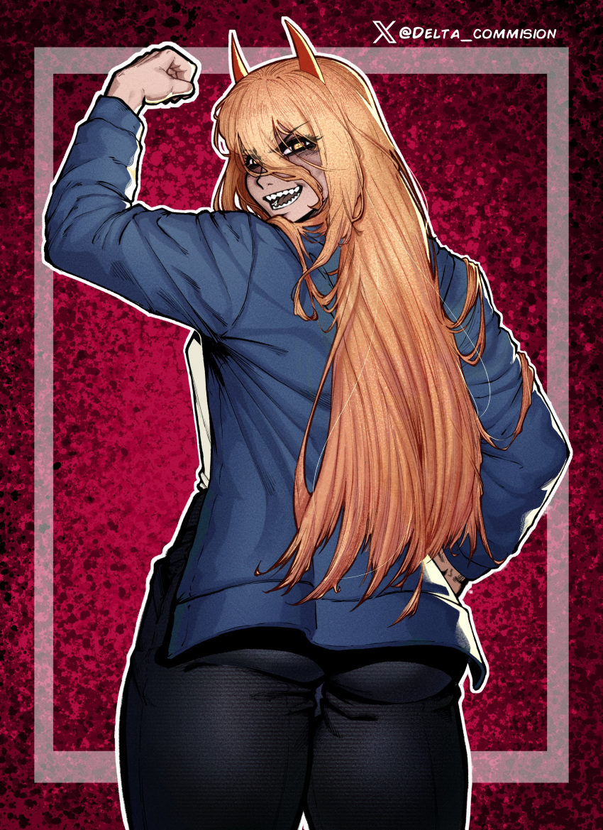 absurdres alternate_muscle_size ass blonde_hair blue_hoodie chainsaw_man commentary_request cowboy_shot cross-shaped_pupils delta_art female flexing from_behind hair_between_eyes hand_on_own_hip highres hood hoodie horns long_hair looking_back muscular muscular_female open_mouth outline pants power_(chainsaw_man) red_horns sharp_teeth shirt smile solo spanish_commentary symbol-shaped_pupils teeth thick_thighs thighs tight_clothes tight_pants twitter_username v-shaped_eyebrows variant_set white_shirt yellow_eyes