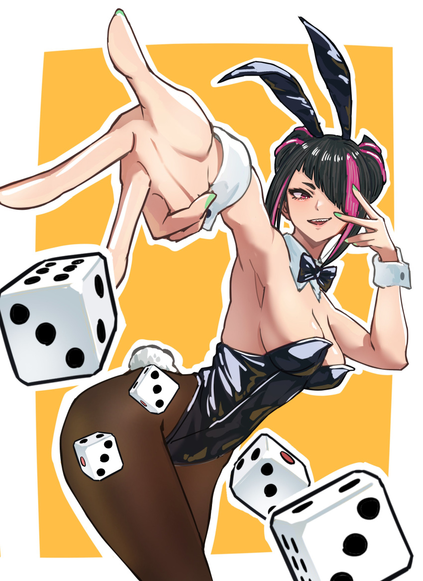 absurdres animal_ears ap_cammy armpits black_hair black_leotard bow bowtie breasts cleavage dice drill_hair fake_tail foreshortening hair_horns highleg highleg_leotard highres juri_han leotard multicolored_hair pantyhose pink_eyes pink_hair playboy_bunny rabbit_ears rabbit_tail short_eyebrows sideboob simple_background strapless street_fighter street_fighter_iv_(series) tail traditional_bowtie twin_drills two-tone_hair wrist_cuffs