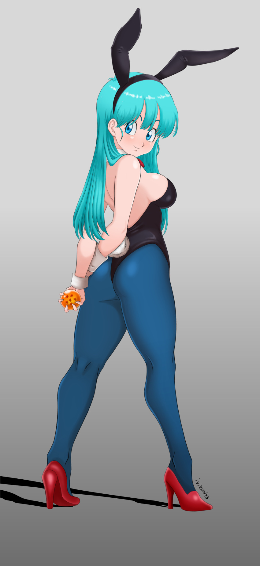 absurdres animal_ears aqua_eyes aqua_hair ass black_leotard blue_pantyhose bow bowtie bulma_briefs detached_collar dragon_ball dragon_ball_(classic) dragon_ball_(object) female from_behind gradient_background grey_background high_heels highres holding imavizard leotard long_hair looking_at_viewer looking_back pantyhose playboy_bunny rabbit_ears rabbit_tail red_bow red_bowtie red_footwear solo strapless strapless_leotard tail wrist_cuffs