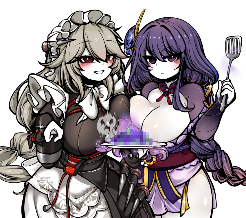 2girls absurdres alexandrina_sebastiane alternate_breast_size asymmetrical_docking bad_food braid breast_press breasts censored censored_food company_connection cowboy_shot crossover dress genshin_impact ghost gloves grey_hair hair_between_eyes hair_ornament highres holding holding_plate holding_spatula huge_breasts japanese_clothes kimono long_hair looking_at_viewer low-braided_long_hair low-tied_long_hair maid maid_headdress mosaic_censoring multiple_girls parted_bangs partially_fingerless_gloves plate purple_eyes purple_hair raiden_shogun red_eyes shiny_skin simple_background smile spatula tentacle unaligned_breasts uncolorcube very_long_hair white_background zenless_zone_zero