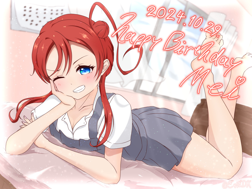 ;d absurdres barefoot blue_eyes blush breasts calendar_(object) character_name cleavage collarbone collared_shirt commentary_request dated dress dress_shirt feet female full_body gabadx grey_dress grin hair_bun hand_on_own_cheek hand_on_own_face happy_birthday heart highres indoors light_particles looking_at_viewer love_live! love_live!_superstar!! lying medium_breasts on_bed on_stomach one_eye_closed pinafore_dress red_hair school_uniform shirt short_dress short_hair_with_long_locks short_sleeves single_side_bun sleeveless sleeveless_dress smile soles solo summer_uniform the_pose toes v-shaped_eyebrows white_shirt window yoneme_mei yuigaoka_school_uniform