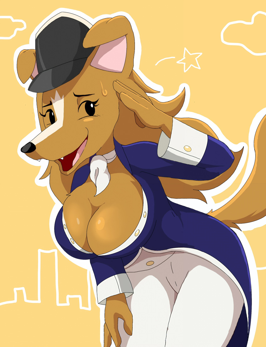 1girls 2023 2023s 2d 2d_(artwork) 2d_artwork anthro big_breasts bird_dog blue_clothing blue_coat blue_topwear bottomwear breasts canid canine canis cleavage clothed clothing coat cocker_spaniel debruff_sampson digital_media_(artwork) domestic_dog eyelashes female female female_focus female_only fur furry furry_female gesture hand_on_leg hand_on_thigh hat headgear headwear hi_res hunting_dog mammal nervous nervous_smile nervous_sweat pants pups_of_liberty salute solo spaniel star tagme tail tight_bottomwear tight_clothing topwear uniform white_bottomwear white_clothing white_pants zebra10045