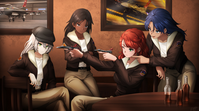 4girls aircraft airplane black_hair blue_hair bomber_jacket cigarette commission crossed_arms dark-skinned_female dark_skin f-15_eagle f-16_fighting_falcon fighter_jet hat highres holding holding_cigarette holding_toy jacket long_hair military_vehicle multiple_girls one_eye_closed original red_hair soda_bottle toy toy_airplane white_hair zero_(73ro)