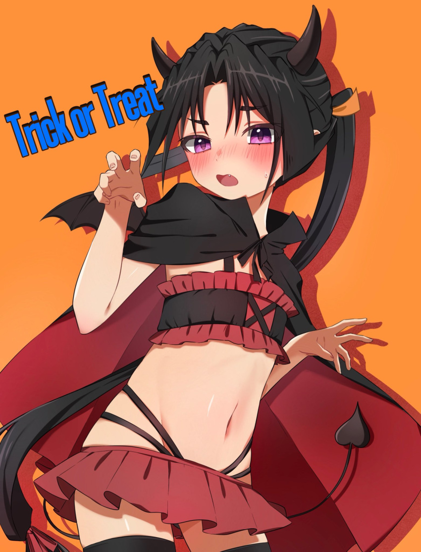 1boy bat_wings black_cape black_hair black_thighhighs blush cape collared_cape cowboy_shot crop_top cross-laced_clothes cross-laced_top curled_fingers curtained_hair demon_boy demon_horns demon_tail drop_shadow floating_hair frilled_skirt frilled_tank_top frills groin hair_ribbon halloween halloween_costume hand_up highres hip_strap horns houjou_tokiyuki_(nige_jouzu_no_wakagimi) long_hair looking_at_viewer low-tied_long_hair male_focus mini_wings miniskirt motoyui navel nige_jouzu_no_wakagimi nose_blush oerba_yun_fang orange_background parted_bangs peanut_mouth ponytail popped_collar purple_eyes raised_eyebrow rame_angel71 red_cape red_ribbon ribbon sidelocks_tied_back simple_background skirt solo spaghetti_strap stomach sweatdrop tail thighhighs trick_or_treat very_long_hair wings