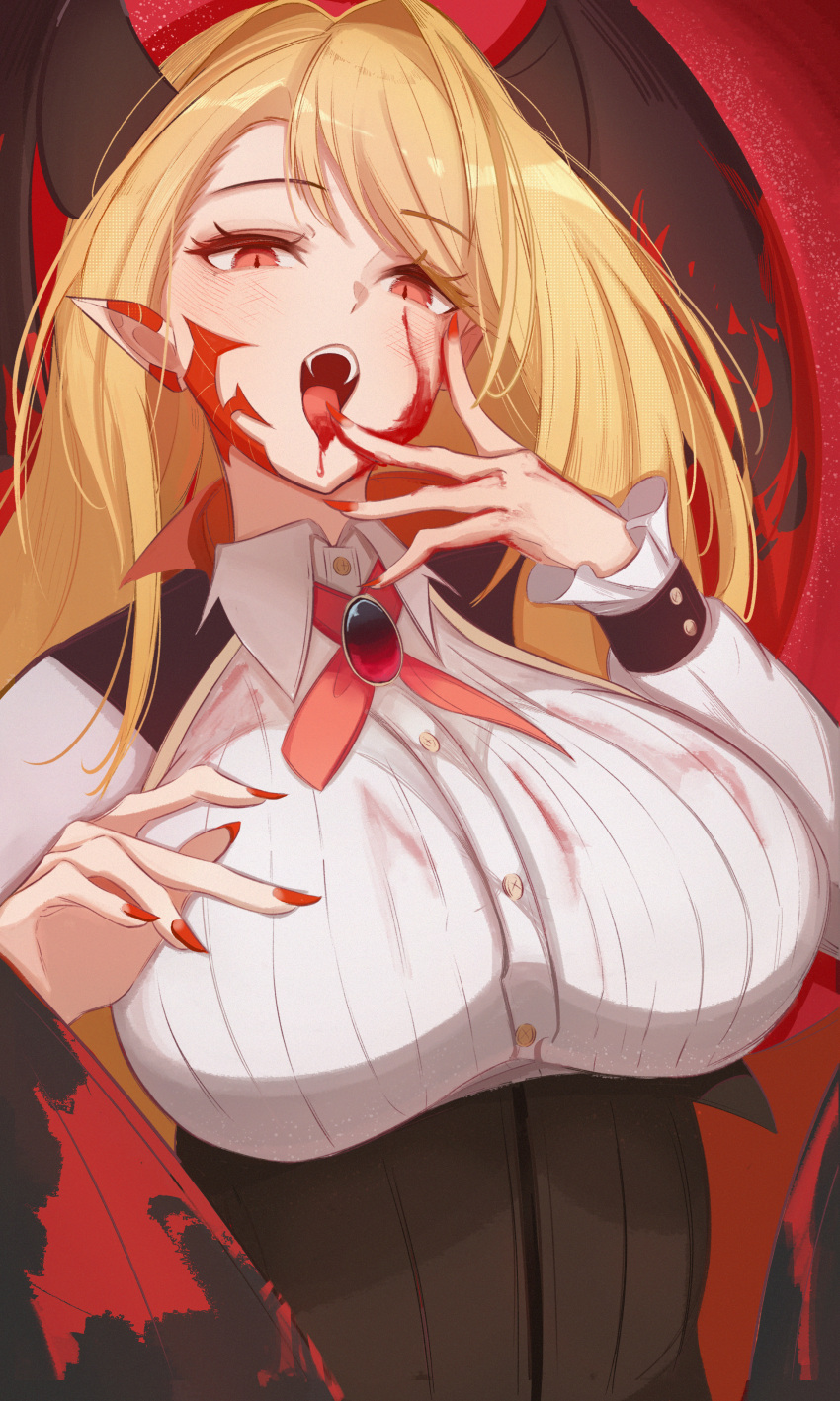 0nineo9 absurdres asymmetrical_bangs black_skirt blonde_hair blood blood_on_face breasts brooch collared_shirt facial_mark fangs fate/grand_order fate_(series) female hair_over_one_eye high-waist_skirt highres horns jewelry large_breasts long_hair long_sleeves looking_at_viewer nero_claudius_(fate) open_mouth pointy_ears queen_draco_(fate) queen_draco_(third_ascension)_(fate) red_eyes shirt skirt solo tongue tongue_out white_shirt