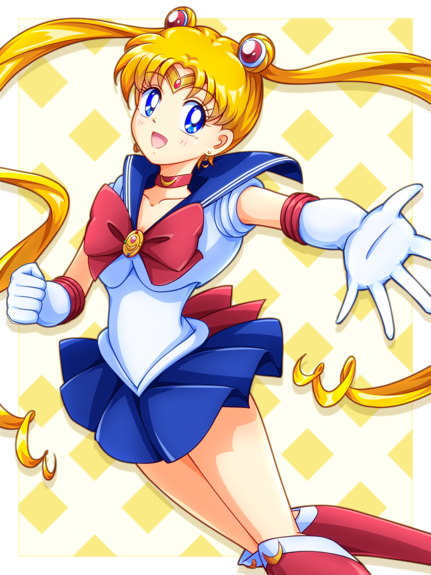 back_bow bishoujo_senshi_sailor_moon blonde_hair blue_eyes blue_sailor_collar blue_skirt bow breasts choker double_bun earrings elbow_gloves female gloves hair_bun highres jewelry long_hair looking_at_viewer mimimix open_mouth red_choker sailor_collar sailor_moon sailor_senshi_uniform skirt smile solo tsukino_usagi twintails white_gloves