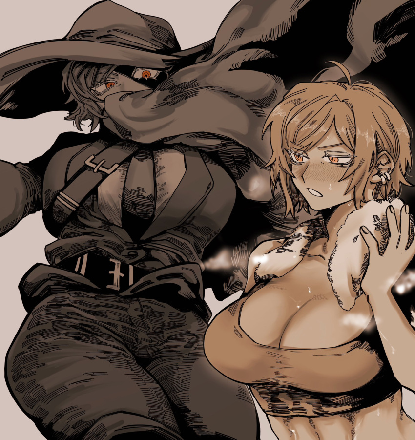 ahoge belt breasts brown_theme cape cinq_association_(identity)_(project_moon) cleavage cowboy_shot ear_piercing female hand_up highres hino_888 holding holding_cape holding_towel holding_unworn_clothes huge_breasts jacket lapels limbus_company monochrome multiple_views necktie notched_lapels open_mouth orange_eyes outis_(project_moon) pants piercing project_moon short_hair sidelocks spot_color steam sweat tank_top towel