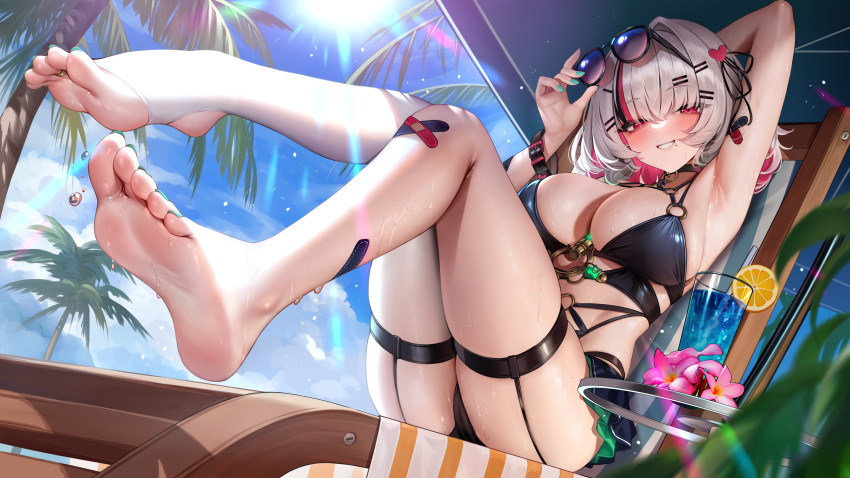 arina_(resonance_solstice) arm_up armpits bandaid bandaid_on_arm bandaid_on_knee bandaid_on_leg barefoot bikini black_bikini blue_sky blush breasts character_request check_character colored_inner_hair commentary_request day drink eyewear_on_head feet female flower food fruit full_body hair_ornament hairclip highres large_breasts looking_at_viewer meion mole mole_under_mouth multicolored_hair orange_(fruit) orange_slice outdoors palm_tree parasol parted_lips red_eyes red_hair resonance_solstice short_hair single_thighhigh sitting sky smile soles solo streaked_hair sun sunglasses swimsuit thighhighs thighs toes tree two-tone_hair umbrella wet white_hair white_thighhighs