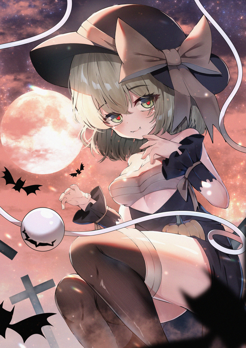 absurdres bandages bare_shoulders bat_(animal) black_hat black_skirt black_thighhighs blush bow breasts chest_sarashi commentary_request cross dfra eyeball fangs female fog full_moon green_eyes green_hair halloween hat hat_bow heart heart-shaped_pupils highres komeiji_koishi looking_at_viewer moon night night_sky outdoors pumpkin sarashi skirt sky smile solo star_(sky) starry_sky string symbol-shaped_pupils thighhighs third_eye touhou wrist_cuffs