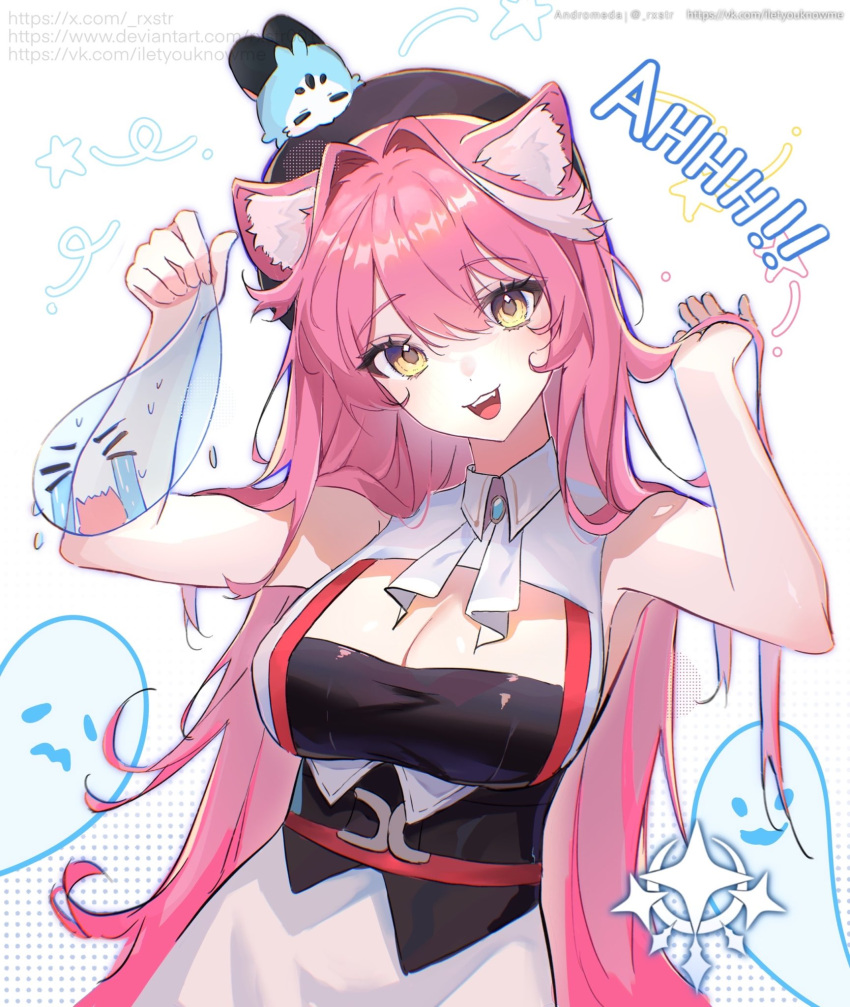 andromeda_(rxstr) animal_ear_fluff animal_ears ascot bare_arms bare_shoulders black_hat black_tube_top breasts bunching_hair chattino_(raora_panthera) chestnut_mouth commentary eyelashes female ghost hands_up hat high-waist_shorts highres hololive hololive_english large_breasts long_hair looking_at_viewer multicolored_hair open_mouth panther_ears panther_girl pink_hair raora_panthera raora_panthera_(1st_costume) shorts solo strapless streaked_hair symbol-only_commentary tube_top upper_body vest virtual_youtuber white_ascot white_hair white_shorts white_vest yellow_eyes