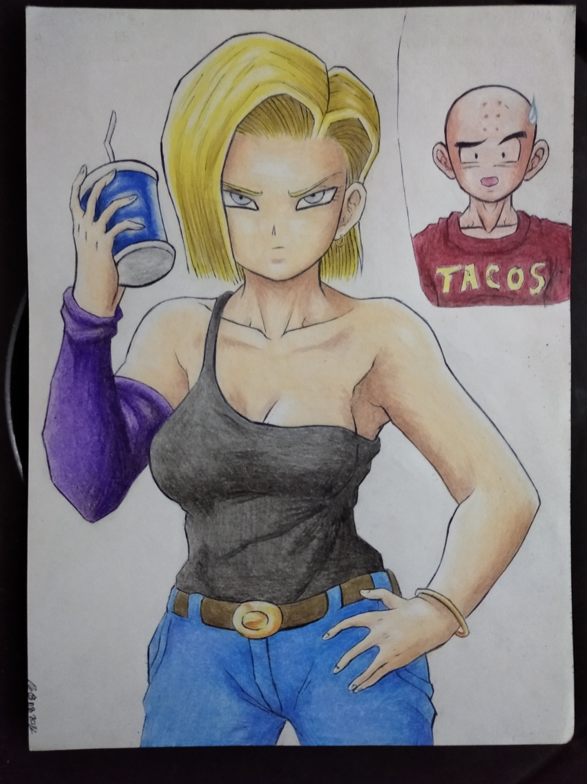 1girl1boy 1girls akira_toriyama_(style) android android_18 android_girl angry armpits arms aura bald bald_man belt big_breasts black_background black_topwear blonde blonde_female blonde_hair blue_eyes breasts clavicle clothed clothes cyborg date dated dragon_ball dragon_ball_super dragon_ball_z embarrassed energy female fully_clothed golden_bracelet hand_on_hip human jeans krillin kuririn long_sleeve manga plastic_cup safe_for_work serious shoulders shueisha skin toei_animation top traditional_art traditional_media traditional_media_(artwork) weekly_shonen_jump yamidanight