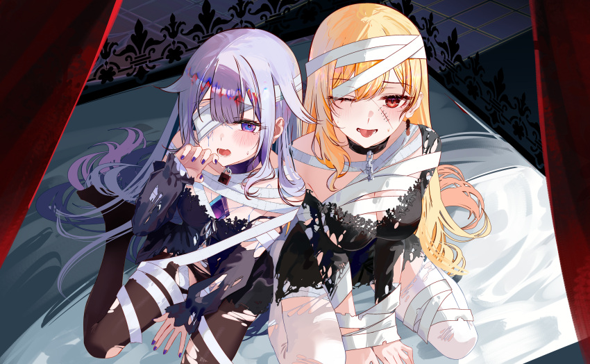 2girls absurdres alternate_costume bandage_over_one_eye bandaged_head bandaged_leg bandages bed_sheet black_dress black_thighhighs blonde_hair breasts broken broken_chain chains chest_jewel cleavage collar commentary dress english_commentary from_above full_body grey_hair highres hololive hololive_indonesia kaela_kovalskia koseki_bijou lock long_hair looking_at_viewer multiple_girls mummy_costume no_shoes one_eye_closed open_mouth padlock padlocked_collar purple_collar purple_eyes purple_nails red_eyes stitched_face stitches sweat thighhighs tongue torn_clothes torn_dress torn_thighhighs twitter_username virtual_youtuber white_thighhighs zakimpo