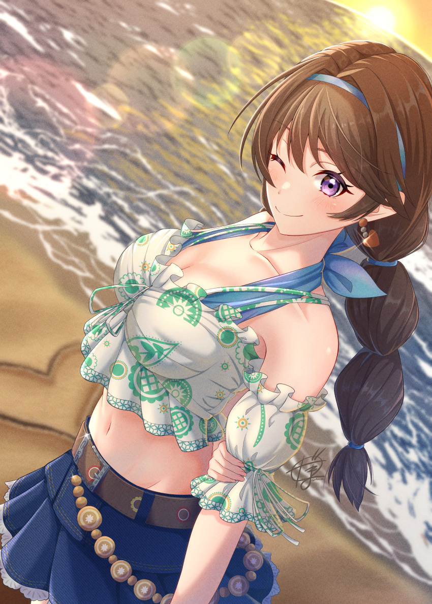 ;) absurdres beach belt blue_hairband blue_skirt blush breasts bright09 brown_belt brown_hair cleavage closed_mouth collarbone commentary cowboy_shot cropped_shirt denim denim_skirt detached_sleeves dutch_angle female frilled_skirt frilled_sleeves frills fujishima_megumi hairband hand_on_own_arm heart highres link!_like!_love_live! long_hair looking_at_viewer love_live! medium_breasts midriff miniskirt multi-tied_hair natsumeki_pain official_alternate_costume official_alternate_hairstyle one_eye_closed ponytail purple_eyes sand_writing shirt skirt sleeveless sleeveless_shirt smile solo split_mouth virtual_youtuber white_shirt white_sleeves