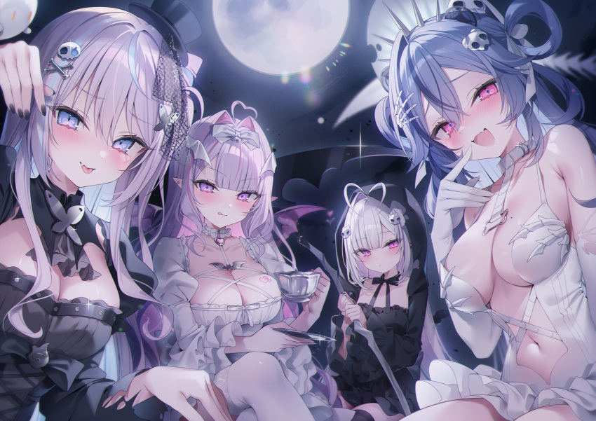 4girls :d :p bat_wings black_dress black_nails blue_eyes blue_hair blush bone_hair_ornament bow breasts character_request cleavage copyright_request cup dress elbow_gloves full_moon gloves grey_hair hair_ornament hairbow hat highres holding holding_cup holding_saucer hood hood_up large_breasts long_hair mini_hat mini_top_hat moon multiple_girls nail_polish navel night oerba_yun_fang pink_eyes pointy_ears purple_eyes purple_hair saucer shu_bii skin_fang skull_hair_ornament smile teacup tongue tongue_out top_hat white_bow white_dress white_gloves white_hair wings