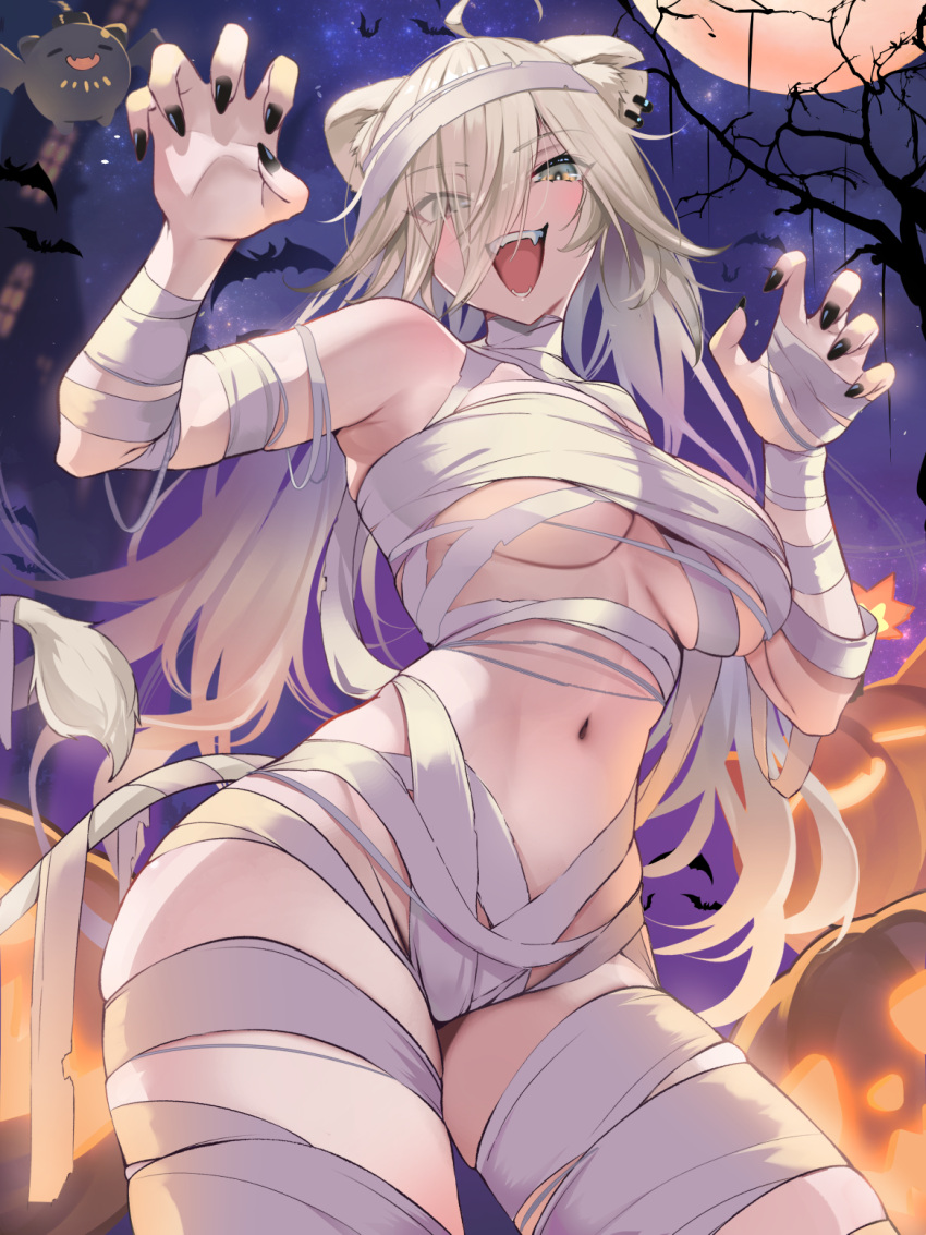 animal_ear_fluff animal_ear_piercing animal_ears bandaged_arm bandaged_chest bandaged_head bandaged_leg bandaged_neck bandaged_tail bandages bare_shoulders bare_tree black_nails breasts claw_pose commentary ear_piercing grey_eyes grey_hair hair_over_one_eye halloween halloween_costume highres hololive jack-o'-lantern lion_ears lion_girl lion_tail looking_at_viewer looking_down midriff moon mummy_costume naked_bandage navel night night_sky oerba_yun_fang omoti_(1201208) outdoors piercing pumpkin shishiro_botan skindentation sky smile ssrb_(shishiro_botan) swimsuit tail tree underboob