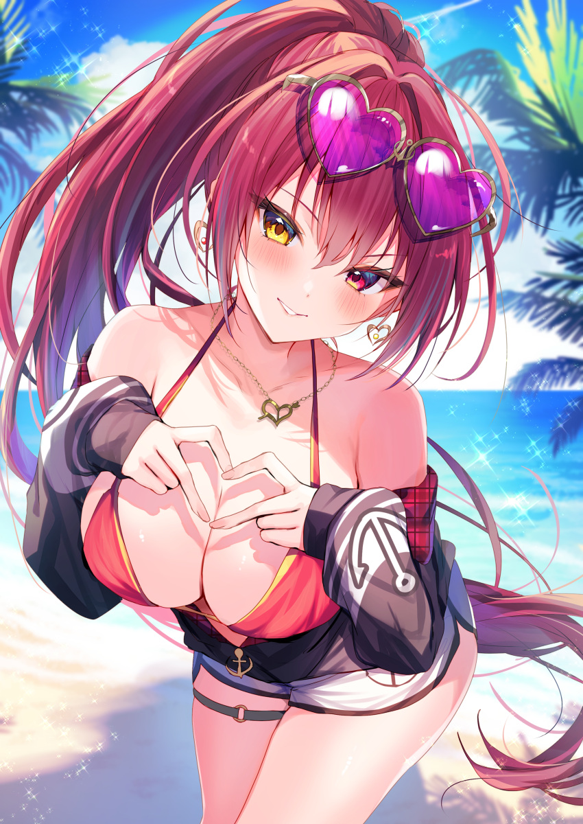 absurdres anchor_print bare_shoulders bikini black_jacket blush breasts cleavage earrings eyewear_on_head female heart heart_earrings heart_hands heart_necklace heterochromia highres hololive houshou_marine houshou_marine_(summer) jacket jewelry large_breasts long_hair looking_at_viewer necklace nenobi_(nenorium) o-ring o-ring_thigh_strap off_shoulder official_alternate_costume palm_tree parted_lips ponytail print_jacket purple-tinted_eyewear red_bikini red_eyes red_hair short_shorts shorts smile solo sunglasses swimsuit thigh_strap tinted_eyewear tree very_long_hair virtual_youtuber white_shorts yellow_eyes