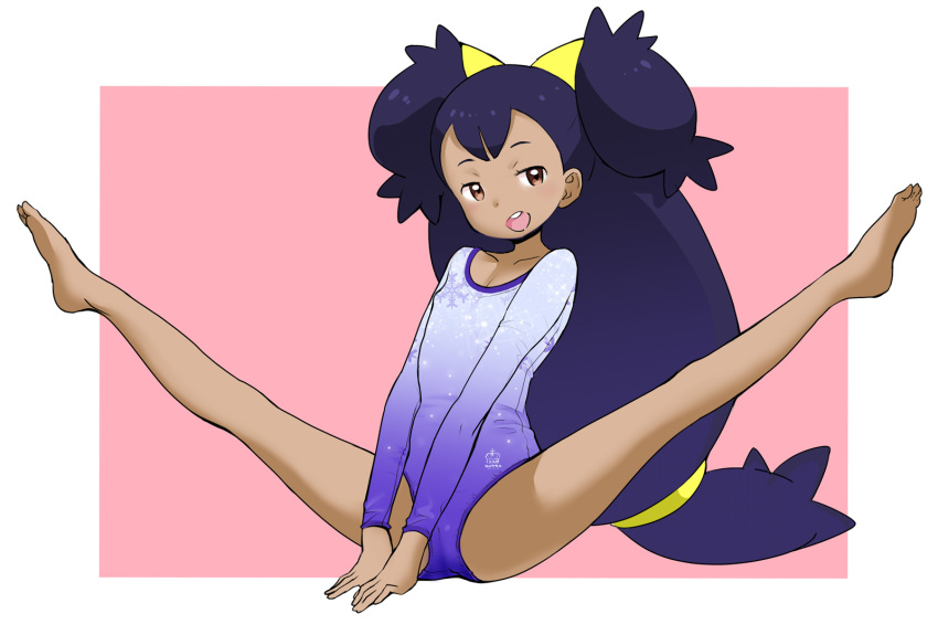 athletic_leotard barefoot big_hair black_hair breasts brown_eyes dark-skinned_female dark_skin female full_body gradient_leotard highres iris_(pokemon) legs_up leotard long_hair long_sleeves looking_at_viewer ookamiuo open_mouth pokemon pokemon_(anime) pokemon_bw_(anime) round_teeth small_breasts smile solo spread_legs teeth two_side_up upper_teeth_only