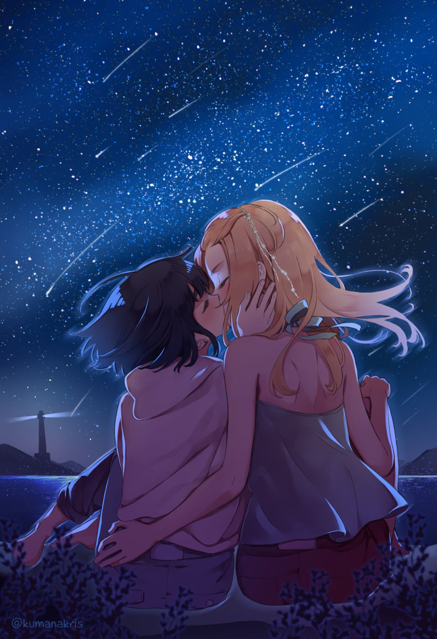 2girls ana_c._sanchez bare_arms bare_shoulders black_hair blue_shirt closed_eyes commentary earrings hand_on_another's_face highres hood hoodie jewelry kissing lighthouse long_hair multiple_girls night night_sky ocean orange_hair original outdoors red_shorts shirt shooting_star short_hair shorts shoulder_blades sky star_(sky) starry_sky stud_earrings symbol-only_commentary white_hoodie yuri