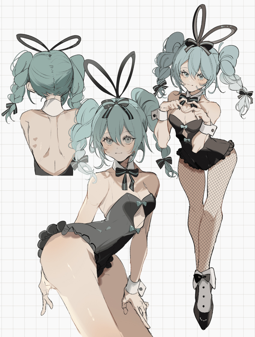 4-finger_heart_hands absurdres ass bare_back bicute_bunnies_miku bicute_bunnies_miku_(rurudo) black_footwear black_leotard blue_eyes blue_hair braid breasts cleavage detached_collar facing_away female fishnet_pantyhose fishnets grid_background hand_on_own_hip hatsune_miku heart heart_hands highres leotard long_hair looking_at_viewer multiple_views note_nii pantyhose simple_background twin_braids twintails vocaloid white_background white_wrist_cuffs wrist_cuffs