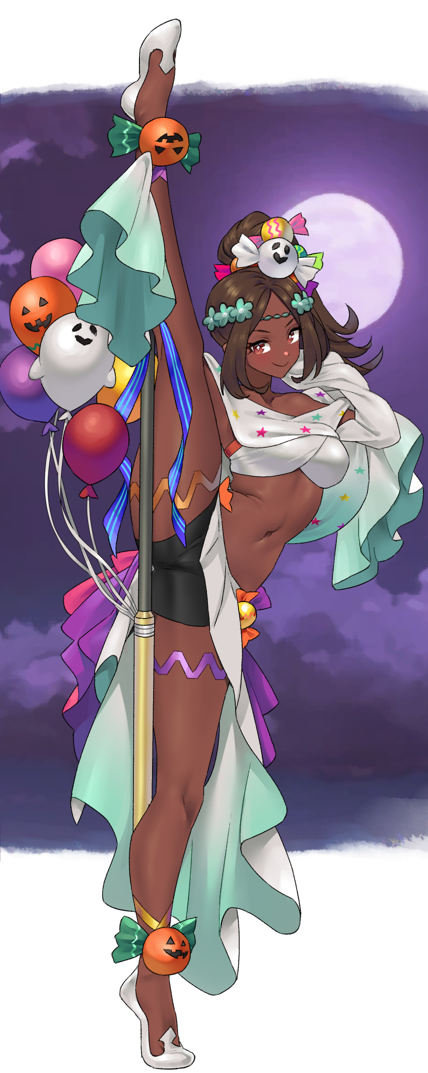 absurdres black_shorts breasts brown_hair closed_mouth commission commissioner_upload dark-skinned_female dark_skin female fire_emblem fire_emblem_engage fire_emblem_heroes flats full_moon ghost_costume halloween_costume high_side_ponytail highres igni_tion jack-o'-lantern looking_at_viewer medium_breasts moon navel night night_sky non-web_source official_alternate_costume parted_bangs pole_dancing shorts sky smile solo split standing standing_on_one_leg standing_split star-shaped_pupils star_(symbol) symbol-shaped_pupils thigh_strap timerra_(fire_emblem) timerra_(halloween)_(fire_emblem) white_footwear