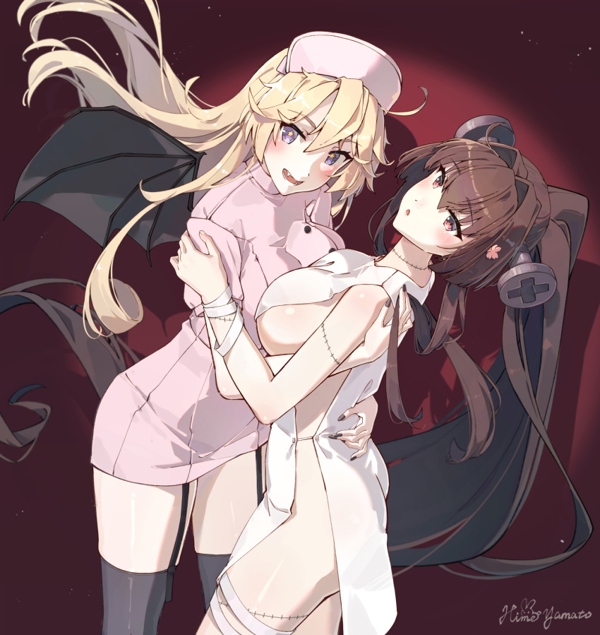 2girls alternate_costume ass bat_wings black_garter_straps black_thighhighs blonde_hair breast_press breasts brown_hair cherry_blossoms cosplay dress fake_wings fangs flower frankenstein frankenstein's_monster frankenstein's_monster_(cosplay) garter_straps hair_flower hair_intakes hair_ornament halloween_costume hat highres himeyamato hug iowa_(kancolle) kantai_collection large_breasts long_hair looking_at_viewer multiple_girls nurse nurse_cap object_through_head pink_dress ponytail purple_eyes red_eyes screw_in_head short_dress sidelocks star-shaped_pupils star_(symbol) stitches symbol-shaped_pupils symmetrical_docking thighhighs very_long_hair wings yamato_(kancolle) yuri