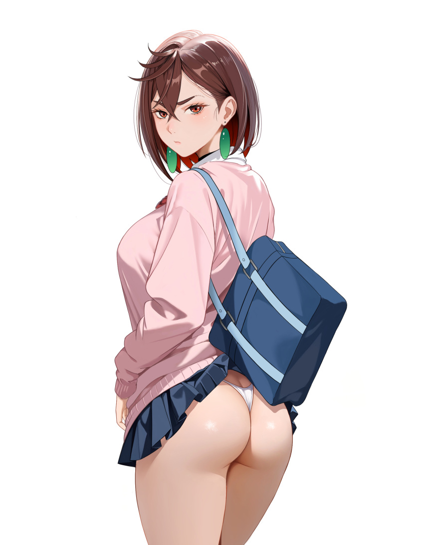 absurdres accidental_exposure ass ayase_momo bag bow bowtie breasts brown_eyes brown_hair cowboy_shot dandadan earrings female hair_between_eyes highres jewelry looking_at_viewer medium_breasts medium_hair panties pantyshot pink_sweater school_bag school_uniform solo sweater tanakayurio thighs thong turning_head underwear white_panties