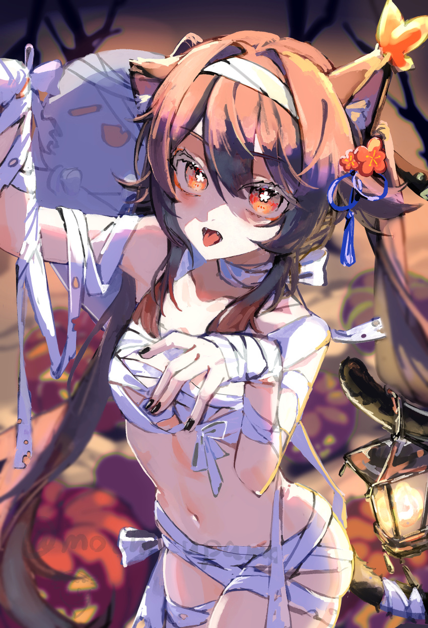 absurdres animal_ears bandage_on_hair bandaged_arm bandaged_chest bandages black_nails boo_tao_(genshin_impact) breasts brown_hair cat_ears cat_girl cat_tail cowboy_shot female flower flower-shaped_pupils genshin_impact halloween halloween_costume hanging_lantern highres holding holding_with_tail hu_tao_(genshin_impact) lantern midriff mochi_upamo mummy_costume navel prehensile_tail red_eyes red_flower sidelocks solo symbol-shaped_pupils tail tongue tongue_out twintails