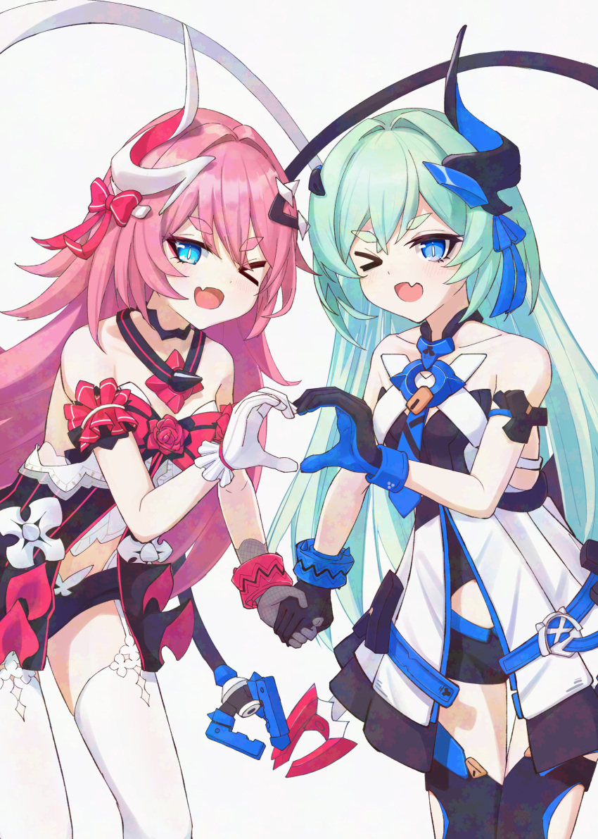 >_o 2girls ;d aqua_hair bare_shoulders black_gloves black_shorts black_thighhighs blue_eyes commentary_request erio_dazima gloves grey_background hair_between_eyes hair_intakes heart heart_hands heart_hands_duo highres holding_hands honkai_(series) honkai_impact_3rd horns liliya_olenyeva multiple_girls one_eye_closed pink_hair rozaliya_olenyeva short_eyebrows short_shorts shorts siblings simple_background single_horn sisters smile tail thick_eyebrows thighhighs twins v-shaped_eyebrows white_gloves white_thighhighs