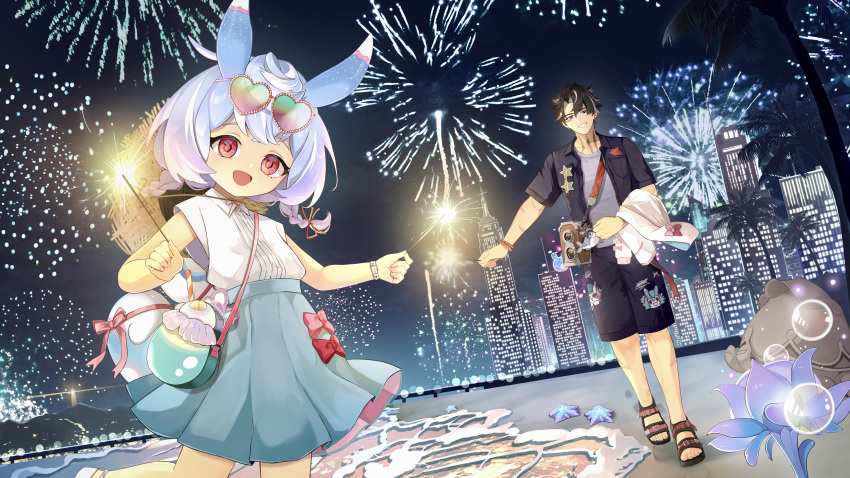 1boy absurdres aerial_fireworks alternate_costume alternate_hairstyle animal_ears black_hair black_jacket black_shirt blue_hair blue_skirt bow braid breasts commentary_request eyewear_in_pocket eyewear_on_head female fireworks foot_up genshin_impact grey_shirt heart heart-shaped_eyewear highres holding holding_fireworks hoyofair jacket light_blue_hair looking_at_viewer lumitoile_(genshin_impact) mademoiselle_crabaletta medium_breasts multicolored_hair night night_sky open_mouth outdoors red-framed_eyewear red_bow red_eyes romaritime_flower shiba_(tonari_no_shiba_inu) shirt sigewinne_(genshin_impact) skirt sky sparkler standing star-shaped_eyewear star_(symbol) streaked_hair tail tinted_eyewear white_hair white_shirt wriothesley_(genshin_impact)