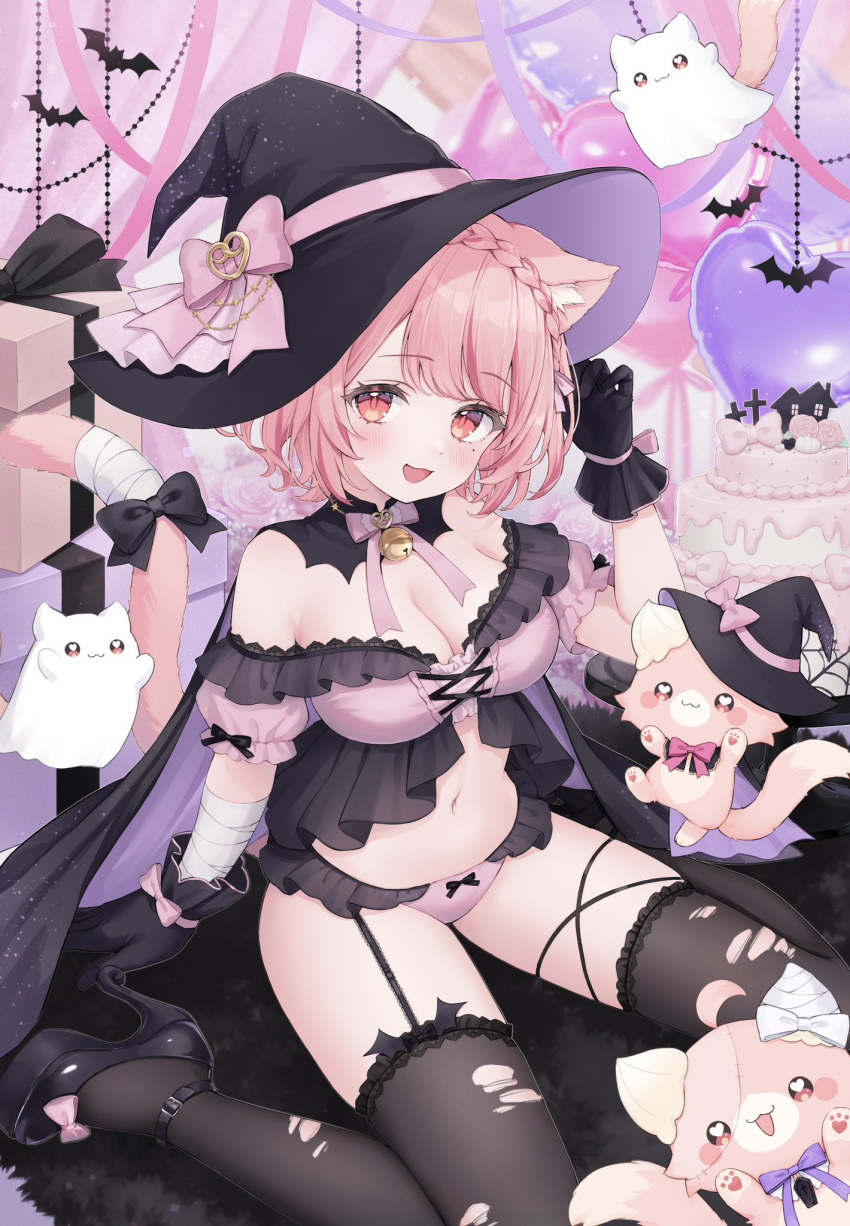 animal_ears ankle_belt babydoll balloon bandaged_arm bandaged_tail bandages bell black_gloves black_thighhighs blush bow braid breasts cake cat_ears cat_girl cat_tail cleavage crown_braid female food frilled_babydoll garter_straps gloves halloween hat heart_balloon high_heels highres indie_virtual_youtuber koito_amuno medium_breasts navel neck_bell open_mouth pink_bow pink_hair puffy_short_sleeves puffy_sleeves red_eyes shano_hiyori short_hair short_sleeves solo swept_bangs tail tail_bow tail_ornament thighhighs thighs torn_clothes torn_thighhighs virtual_youtuber witch_hat