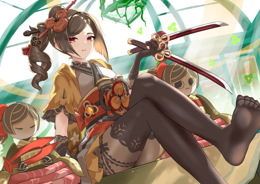 asymmetrical_sidelocks black_gloves black_pantyhose brown_hair chiori_(genshin_impact) crossed_legs drill_hair drill_ponytail female genshin_impact gloves grey_kimono hair_ornament hair_stick highres ichmbhsv japanese_clothes kimono long_hair looking_at_viewer multicolored_hair pantyhose parted_lips presenting_foot red_eyes red_sash sash short_kimono soles solo tamoto_(genshin_impact) thighhighs thighhighs_over_pantyhose uraku_misugiri_(genshin_impact) yellow_kimono