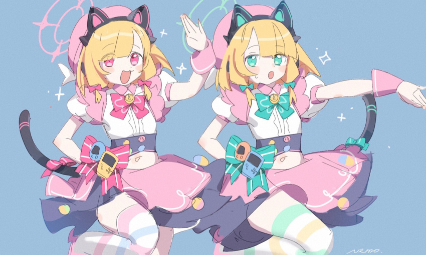 2girls :3 :o alternate_costume animal_ear_headphones animal_ears beret black_skirt blonde_hair blue_archive blue_background blush cat_ear_headphones cat_tail commentary cowboy_shot cropped_shirt dancing fake_animal_ears game_boy green_eyes halo hand_on_own_hip handheld_game_console hat headphones highres idol_clothes layered_skirt looking_at_viewer medium_hair midori_(blue_archive) midriff momoi_(blue_archive) multiple_girls navel nemo_(leafnight) open_mouth outstretched_arm pink_eyes pink_hat pink_skirt puffy_short_sleeves puffy_sleeves shirt short_sleeves siblings simple_background sisters skirt smile sparkle standing standing_on_one_leg striped_clothes striped_thighhighs symbol-only_commentary tail tamagotchi thighhighs white_shirt wrist_cuffs