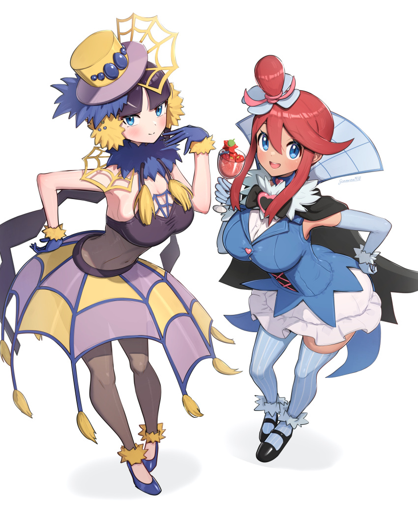 2girls absurdres bare_shoulders black_hair blonde_hair blue_eyes blush breasts cape cosplay dress elesa_(pokemon) galvantula galvantula_(cosplay) glasses gloves gonzarez hair_ornament halloween hat high_heels highres holding large_breasts long_hair looking_at_viewer multiple_girls navel open_mouth pokemon pokemon_bw pokemon_bw2 red_hair short_hair skyla_(pokemon) sleeveless smile swoobat swoobat_(cosplay) thighhighs top_hat