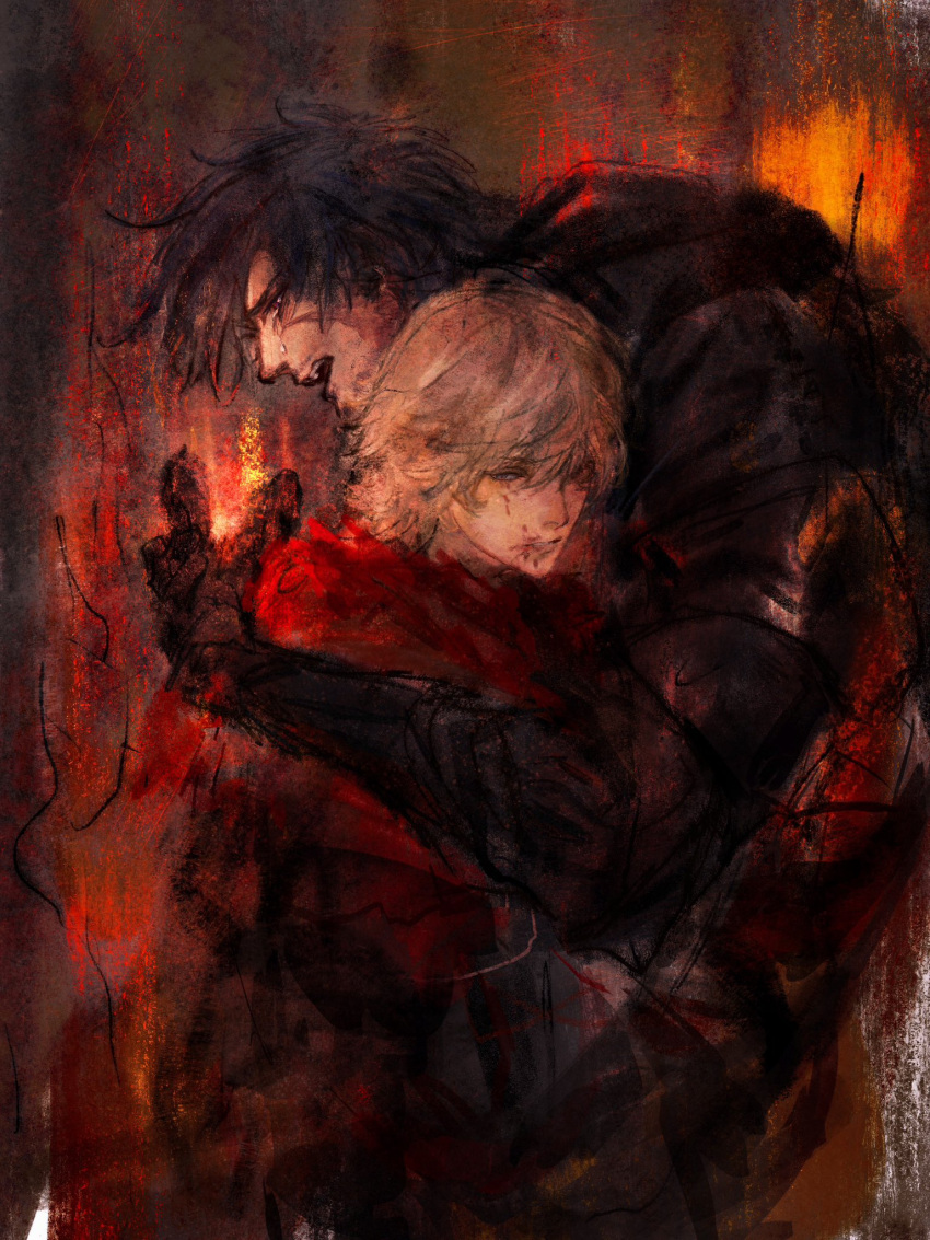 2boys arlan_311 armor arms_around_back black_armor black_hair blonde_hair blood blood_on_face blue_eyes brothers brown_eyes clive_rosfield commentary_request crying crying_with_eyes_open final_fantasy final_fantasy_xvi hair_between_eyes highres joshua_rosfield male_focus multiple_boys open_mouth red_shawl scar scar_on_cheek scar_on_face shawl siblings tears