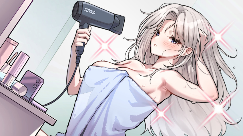 armpits blue_eyes blush breasts cleavage collarbone drying drying_hair female gotica grey_hair hair_dryer hair_ornament highres lee_rein long_hair naked_towel solo towel virtual_youtuber vlyz water wet wet_hair