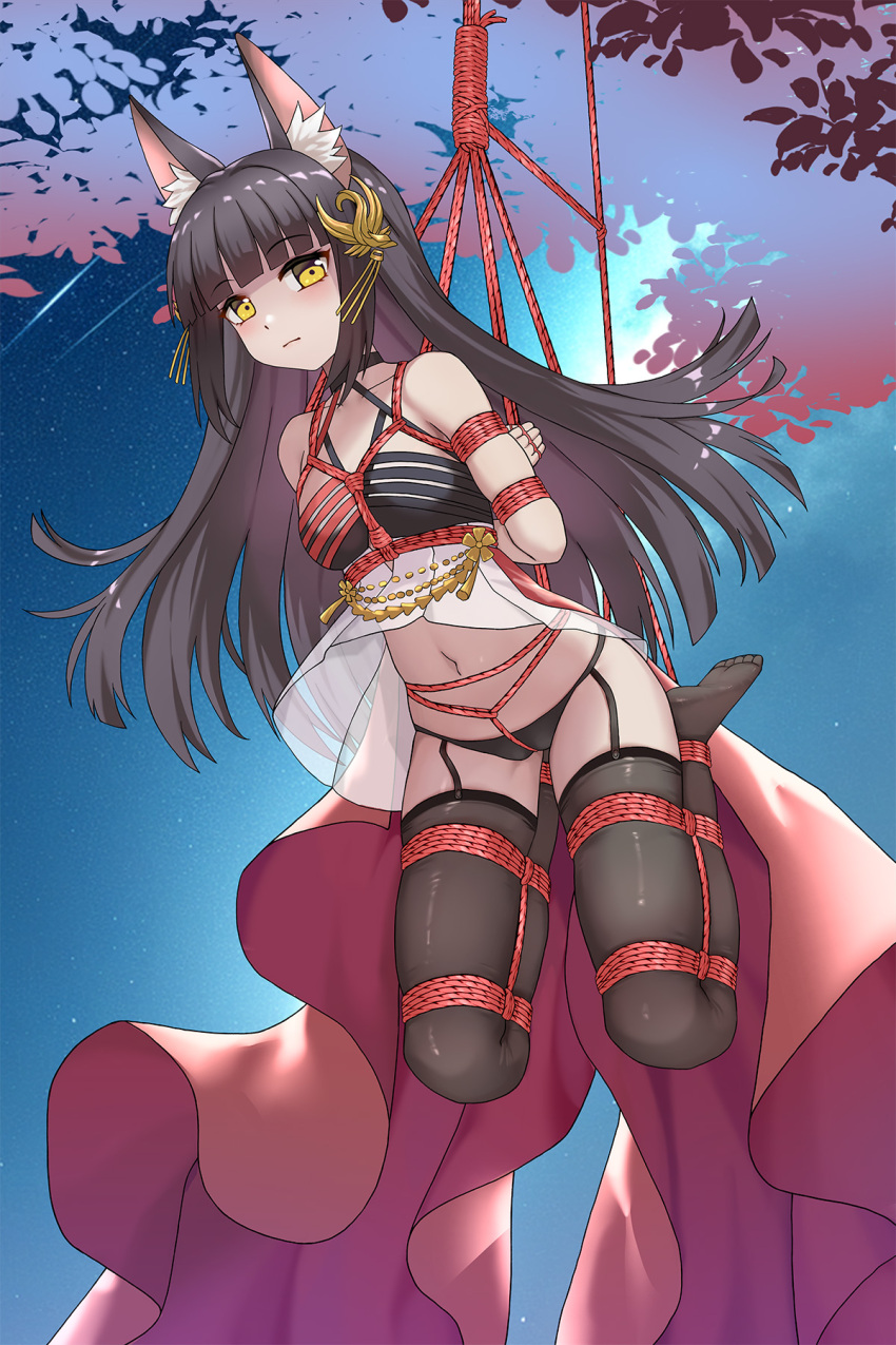 animal_ears arms_behind_back azur_lane bare_shoulders black_panties blush bondage bondage bondage bound bound_arms bound_legs breasts brown_hair clothes_lift crotch_rope dress dress_lift expressionless female fox_ears fox_girl from_below full_body garter_straps haimei1980 hair_ornament highres legs_folded light_frown long_hair looking_at_viewer looking_down midriff nagato_(meta)_(azur_lane) navel outdoors panties see-through_clothes see-through_dress skindentation sleeveless sleeveless_dress small_breasts solo staring suspension thighhighs tree underwear upskirt very_long_hair yellow_eyes