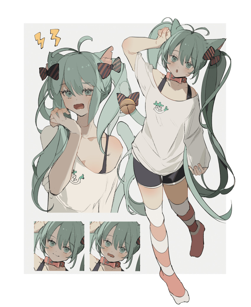 :o absurdres ahoge animal_collar animal_ears bell black_bow black_shorts bow breasts cat_ears cat_girl cat_tail cleavage collar commentary_request expressions female full_body green_eyes green_hair hand_up hatsune_miku highres lightning_bolt_symbol long_hair looking_at_viewer no_shoes note_nii off_shoulder open_mouth pink_bow pink_thighhighs shirt shorts simple_background smile striped_bow striped_clothes striped_thighhighs t-shirt tail tail_bell tail_bow tail_ornament tank_top thighhighs twintails vocaloid white_background white_shirt white_thighhighs yawning