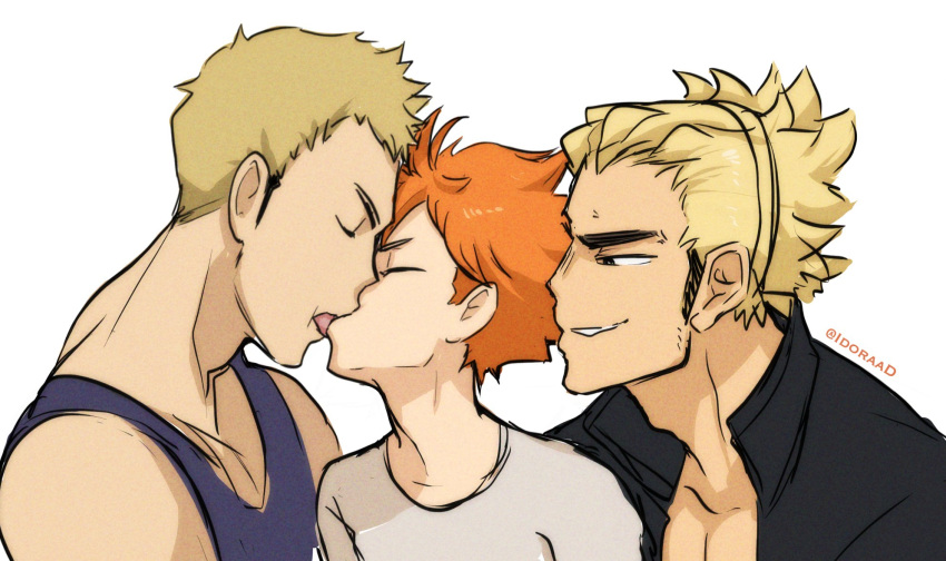 3boys age_difference black_eyes black_jacket blonde_hair blue_tank_top closed_eyes french_kiss grey_shirt haikyuu!! highres hinata_shouyou idoraad jacket kissing male_focus multiple_boys open_clothes open_jacket orange_hair portrait shirt simple_background smile takinoue_yusuke tank_top tongue tongue_out ukai_keishin white_background yaoi