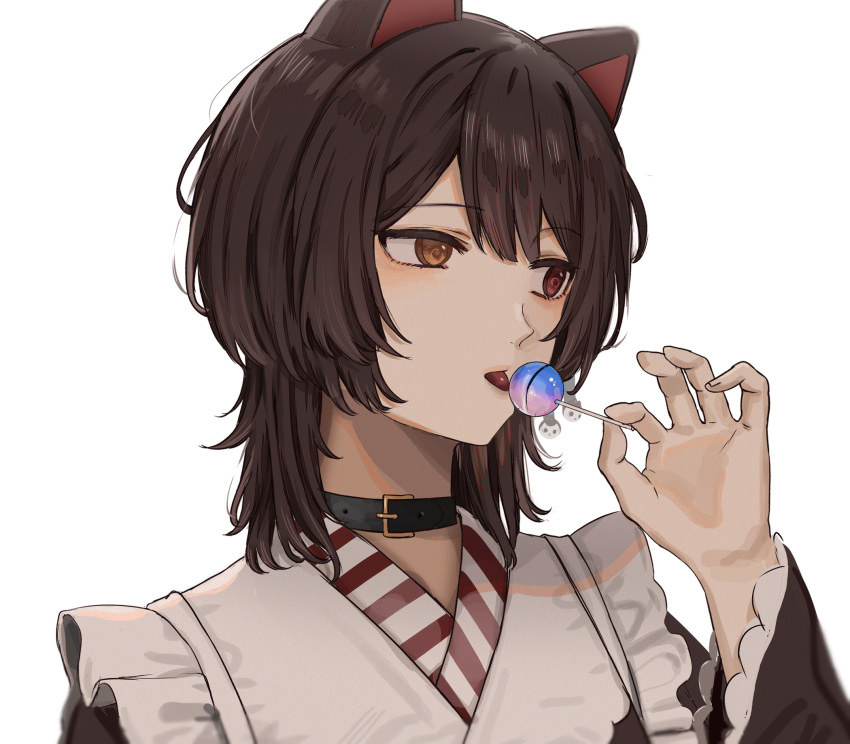 :p animal_ears black_choker black_kimono brown_eyes brown_hair candy choker dog_ears female food hand_up heterochromia highres holding holding_candy holding_food holding_lollipop ibuki_(ibuki0118) inui_toko japanese_clothes kimono lollipop long_sleeves medium_hair nijisanji official_alternate_hair_length official_alternate_hairstyle portrait red_eyes simple_background solo tongue tongue_out virtual_youtuber white_background wide_sleeves yellow_eyes