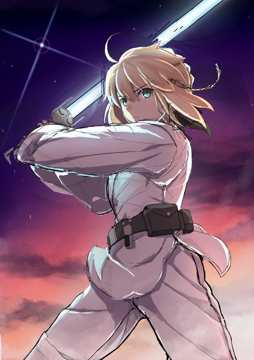 absurdres ahoge artoria_pendragon_(fate) blonde_hair blue_lightsaber breasts closed_mouth commentary cosplay crossover energy_sword fate/stay_night fate_(series) female green_eyes hair_between_eyes highres hisato_nago holding_lightsaber jedi lightsaber long_sleeves looking_at_viewer luke_skywalker luke_skywalker_(cosplay) saber_(fate) science_fiction short_hair solo star_wars sword unfinished weapon