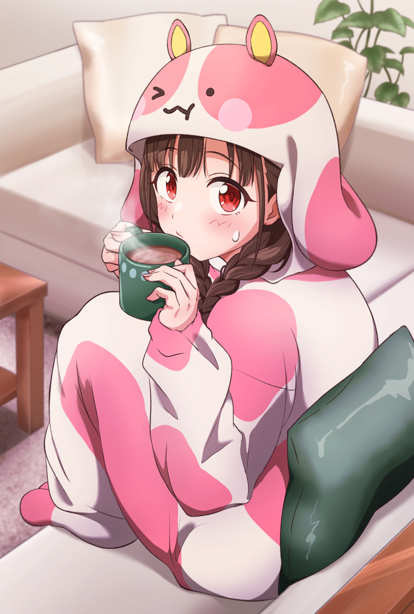 blush blush_stickers braid brown_hair cosplay couch cup cushion daidaiiro female hamster_hood highres holding holding_cup hood hood_up hot_chocolate idolmaster idolmaster_shiny_colors indoors kigurumi looking_at_viewer looking_back mug on_couch red_eyes sideways_glance sitting solo sonoda_chiyoko steam sweat twin_braids