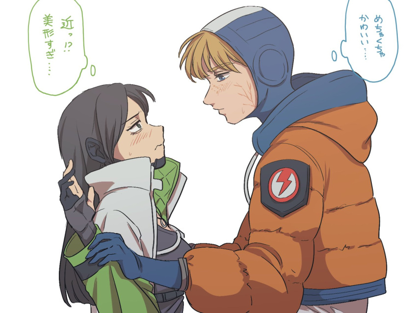 1boy animification apex_legends black_eyes black_gloves blue_eyes blue_gloves blue_headwear blush breasts commentary crypto_(apex_legends) female genderswap_(ftm) genderswap_(mtf) gloves holding_another's_arm hood jacket kogane_mushi long_hair medium_breasts nervous orange_jacket partially_fingerless_gloves rule_63 straight sweat thought_bubble translated upper_body wattson_(apex_legends) white_jacket