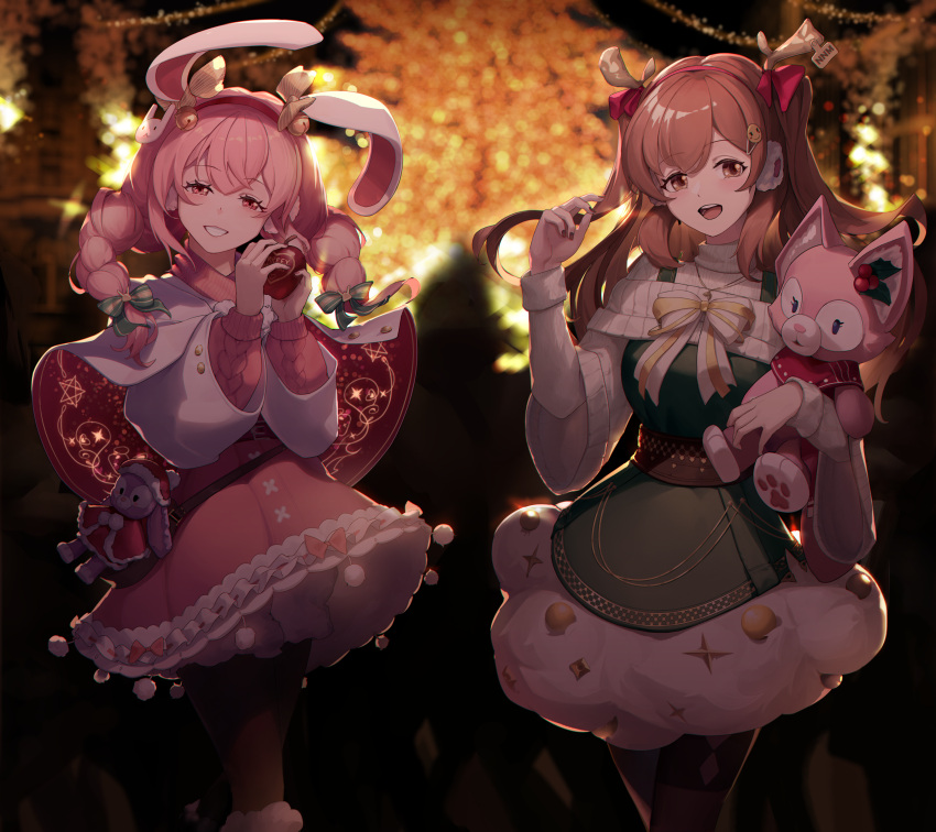 2girls absurdres animal_ears blush braid brown_eyes brown_hair christmas dress fake_antlers han_(ozrfour) highres jewelry long_hair looking_at_viewer multiple_girls nanami_(virtuareal) necklace night nijisanji open_mouth pink_eyes pink_hair playing_with_own_hair rabbit_ears smile standing stuffed_animal stuffed_toy twintails virtual_youtuber virtuareal