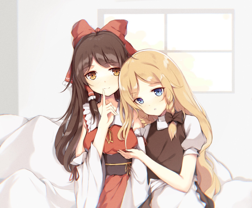 2girls apron bed black_bow black_dress blonde_hair blue_eyes blush bow braid breasts brown_eyes brown_hair collarbone commentary_request detached_sleeves dress grabbing grabbing_another's_breast hair_ornament hair_ribbon hair_tubes hairbow hakurei_reimu highres index_finger_raised kirisame_marisa long_hair looking_at_viewer multiple_girls muyue obi puffy_short_sleeves puffy_sleeves red_bow ribbon sash short_sleeves small_breasts smile touhou twin_braids white_apron white_sleeves wide_sleeves yuri