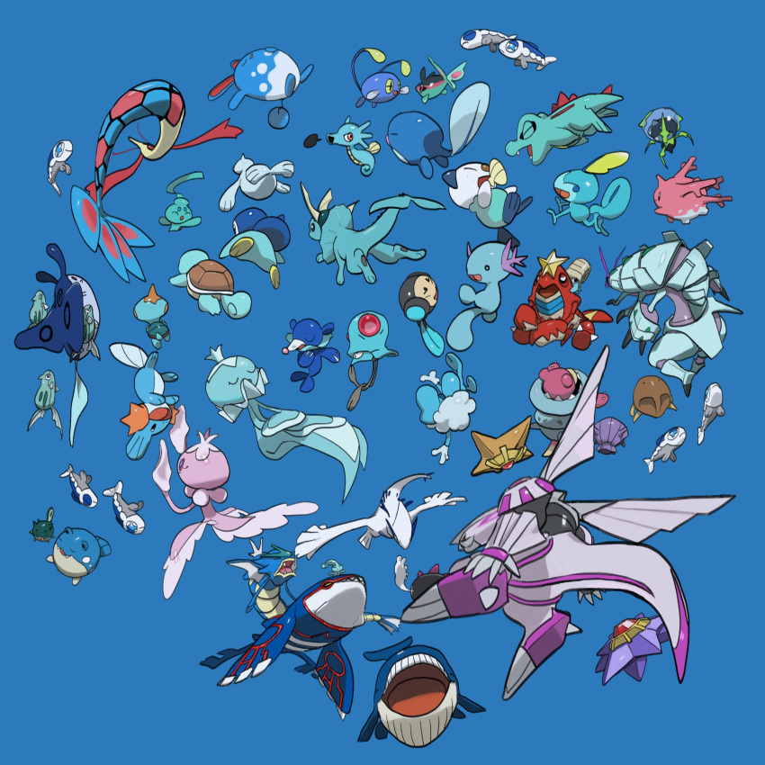 antennae azumarill black_sclera blue_background chewtle chinchou closed_eyes colored_sclera corsola crawdaunt cross-shaped_pupils dewpider finneon fish frillish frillish_(female) frillish_(male) froakie golisopod gyarados highres horsea kabuto_(pokemon) kochi8i kyogre lugia mantine mega_pokemon mega_slowbro milotic mudkip no_humans open_mouth oshawott palkia phione piplup pokemon pokemon_(creature) poliwag popplio qwilfish remoraid seel shellder simple_background slowbro sobble spheal squirtle starmie staryu symbol-shaped_pupils teeth tentacool toes tongue totodile tympole upper_teeth_only vaporeon wailord wishiwashi wishiwashi_(solo) wooper yellow_eyes yellow_sclera