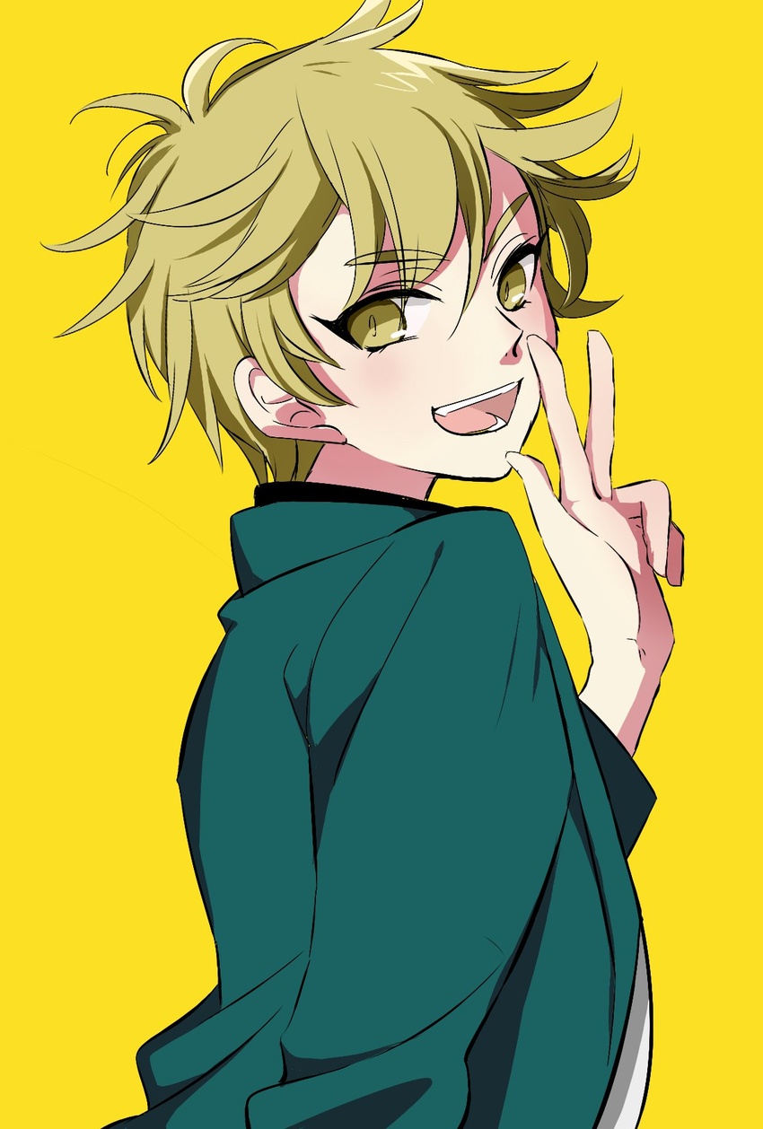 1boy :d ashikaga_hyouta bishounen_series blonde_hair blush commentary_request eyelashes from_side green_jacket hand_up highres jacket looking_at_viewer male_focus open_mouth shirt short_hair simple_background smile solo tama_(riytk) teeth tongue upper_body w white_shirt yellow_background yellow_eyes