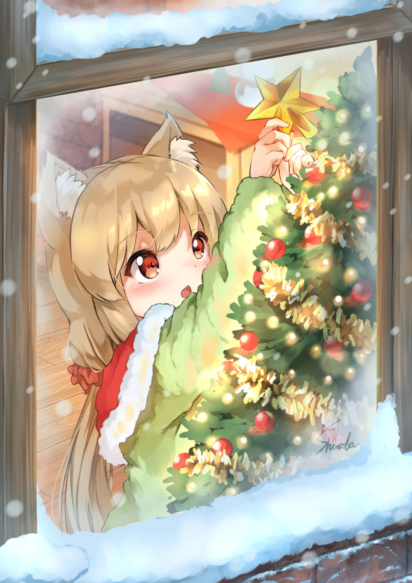 animal_ear_fluff animal_ears arms_up blush brick_wall brown_hair capelet cat_ears christmas christmas_ornaments christmas_tree commentary_request female from_outside fur-trimmed_capelet fur_trim green_shirt hair_ornament hair_scrunchie highres holding indoors koruri-chan_(sora) long_hair long_sleeves looking_away open_mouth original red_capelet red_eyes red_scrunchie scrunchie shirt snow snowing solo sora_(silent_square) star_(symbol) very_long_hair window wooden_floor