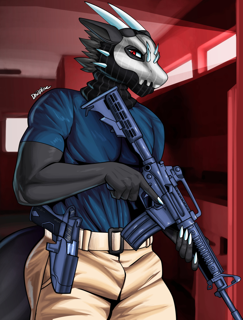 absurd_res anthro artofthediscipline balaclava clothing dragon gun handgun hi_res holding_object holding_weapon looking_at_viewer male mask mythological_creature mythological_scalie mythology pistol ranged_weapon rifle scalie solo tail tight_clothing weapon