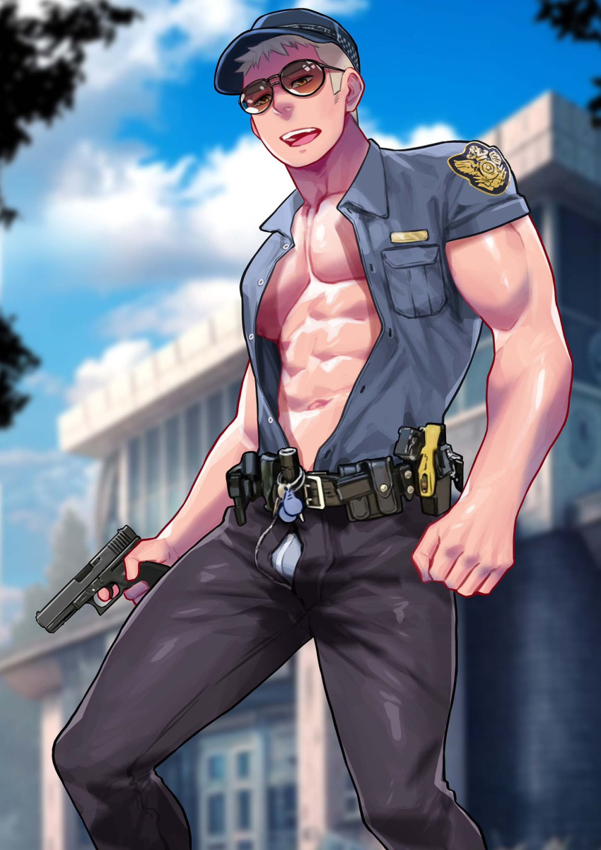 1boy abs bara belt black_pants blue_sky blurry blurry_background branch building cloud collared_shirt covered_nipples feet_out_of_frame gun hat highres holding holding_gun holding_weapon male_focus maorenc muscular muscular_male open_clothes open_mouth open_shirt original outdoors pants pectoral_cleavage pectorals police police_uniform shirt sky solo sunglasses uniform weapon white_hair