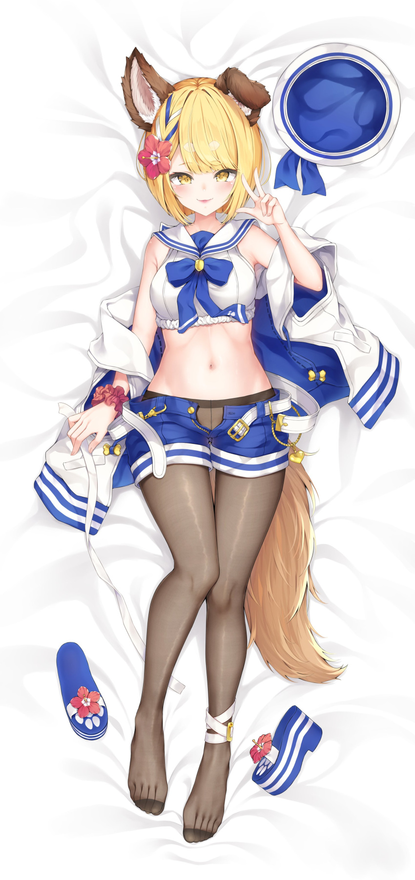 absurdres animal_ears anklet armpit_crease asymmetrical_bangs bed_sheet belt black_pantyhose blonde_hair blue_shorts blush breasts closed_mouth crop_top dakimakura_(medium) dog_ears dog_girl dog_tail erune feet female flower granblue_fantasy hair_flower hair_ornament hat hibiscus highres hyouta_(yoneya) jewelry legs lips looking_at_viewer midriff multicolored_hair navel no_shoes off_shoulder official_alternate_costume pantyhose platform_footwear sailor_collar sandals scrunchie short_eyebrows short_hair short_shorts shorts sleeveless sleeveless_jacket small_breasts smile solo streaked_hair tail thick_eyebrows toenails toes unworn_hat unworn_headwear unworn_sandals vajra_(granblue_fantasy) vajra_(summer)_(granblue_fantasy) w wrist_scrunchie yellow_eyes